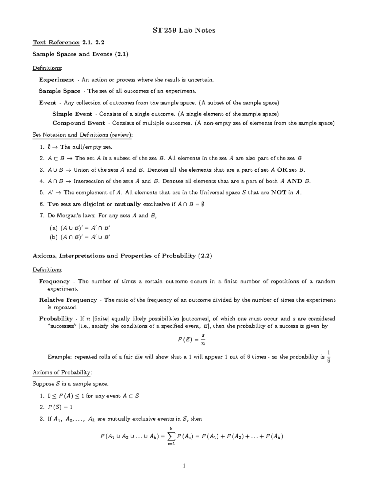 Combined Lab Notes Lab ST 259 Lab Notes Text Reference 2, 2