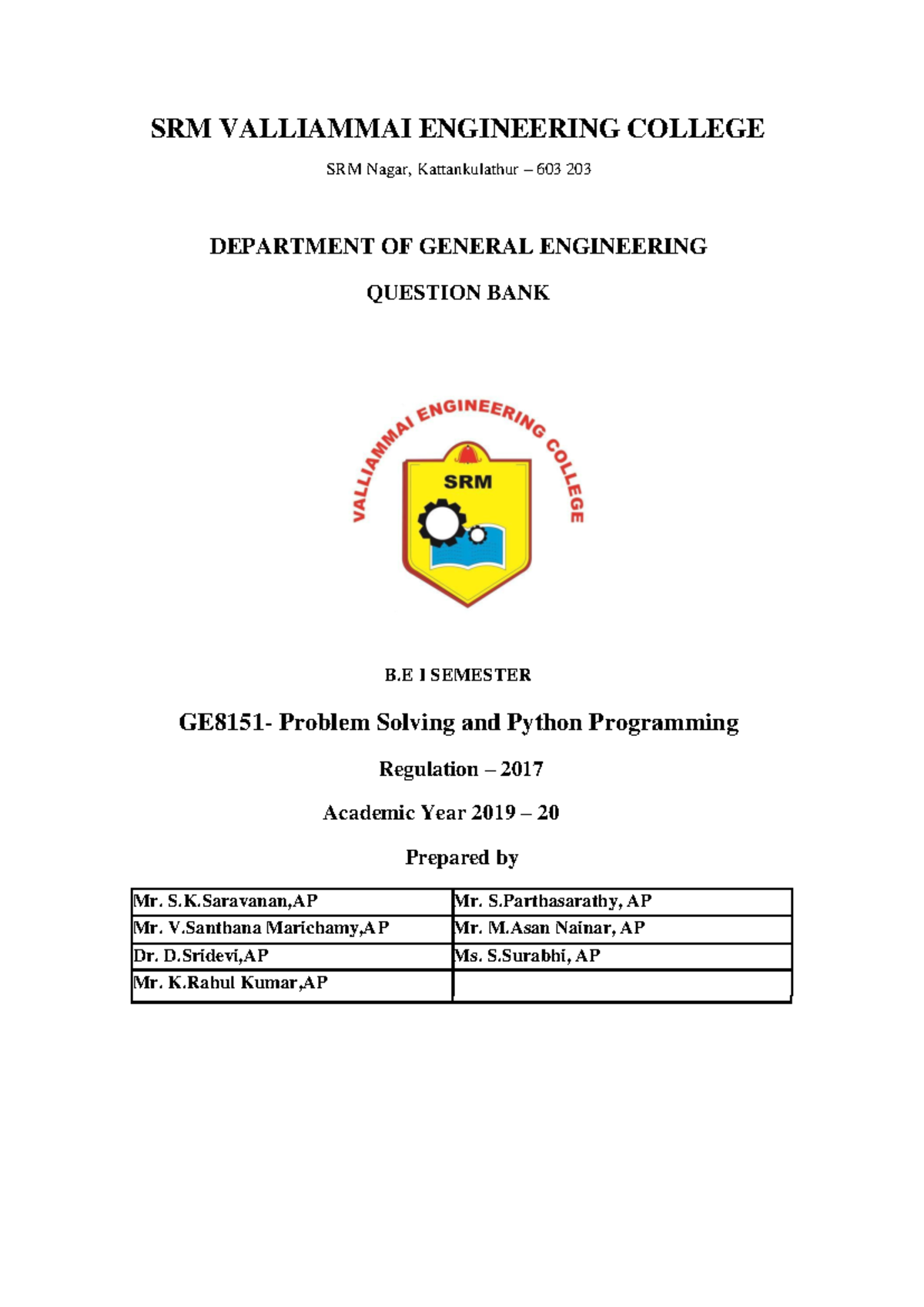 GE8151-Problem Solving and Python Programming - SRM VALLIAMMAI ...