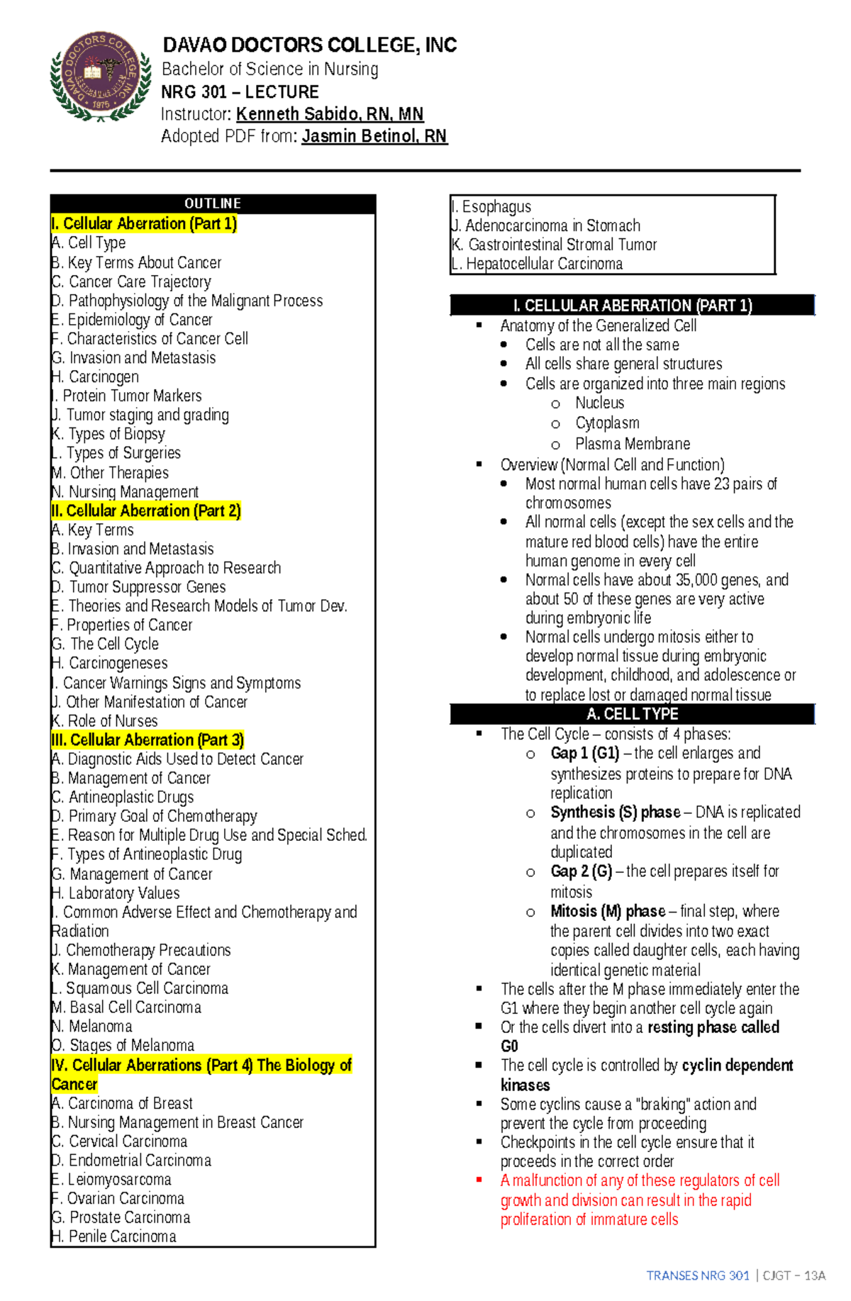301 Cellular Aberrations (Part 1-4) - DAVAO DOCTORS COLLEGE, INC ...
