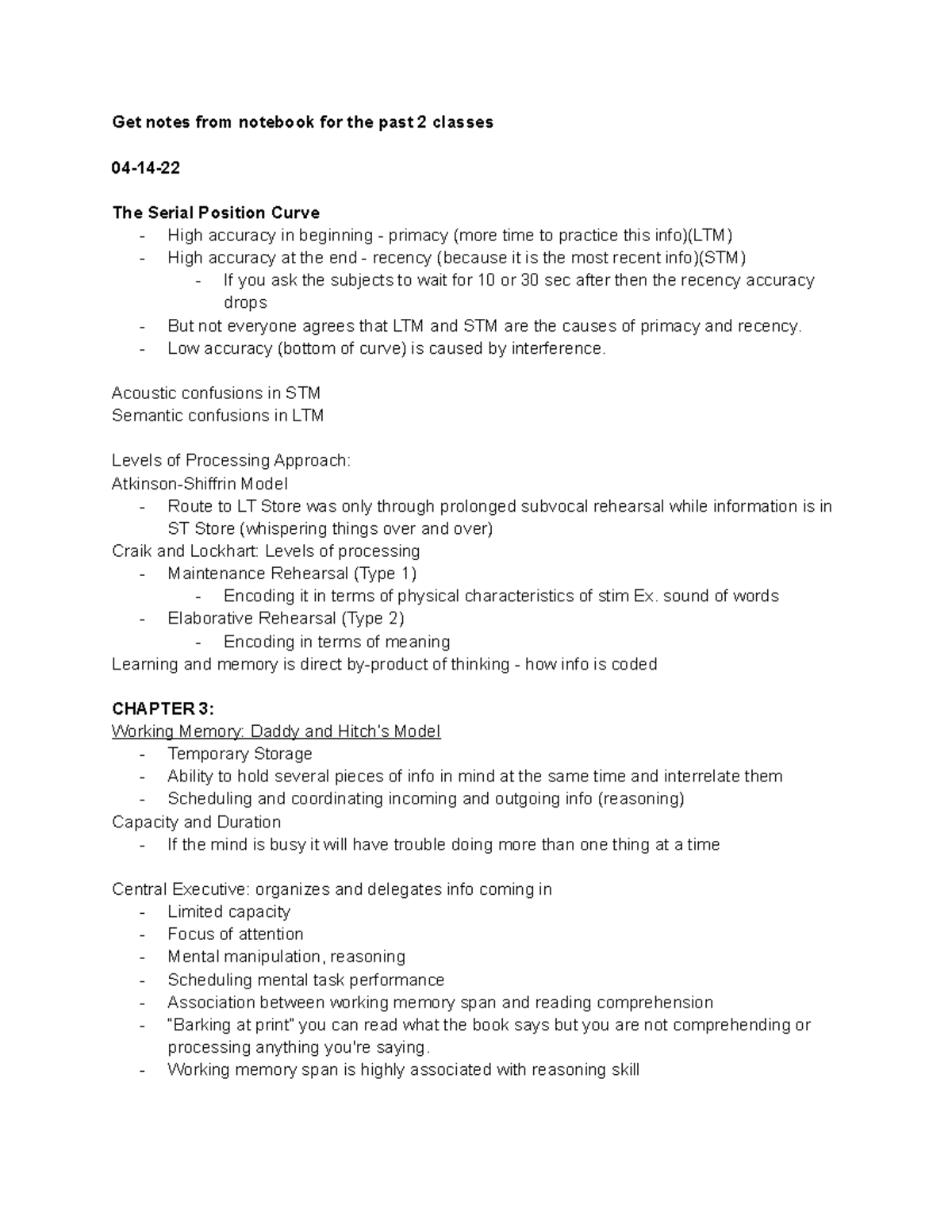 Memory and Working Memory: Notes from Past 2 Classes - Studocu