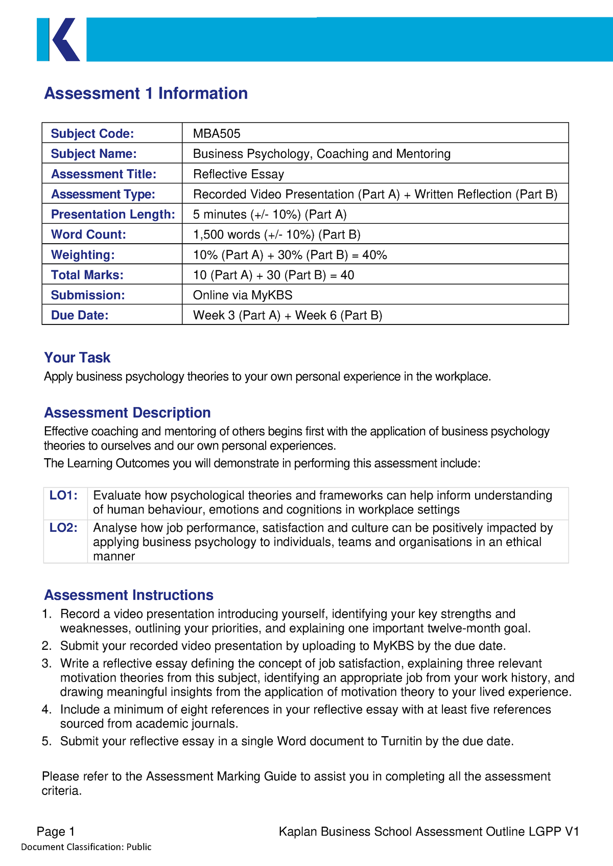 MBA505 T1 2023 Assessment 1 Outline V1 - Page 1 Kaplan Business School ...