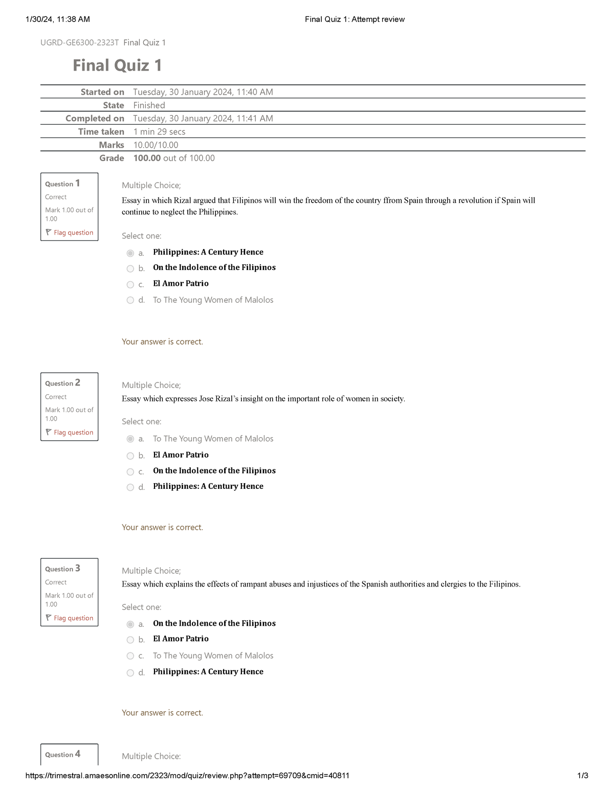 Final Quiz 1 Attempt review - 1/30/24, 11:38 AM Final Quiz 1: Attempt ...