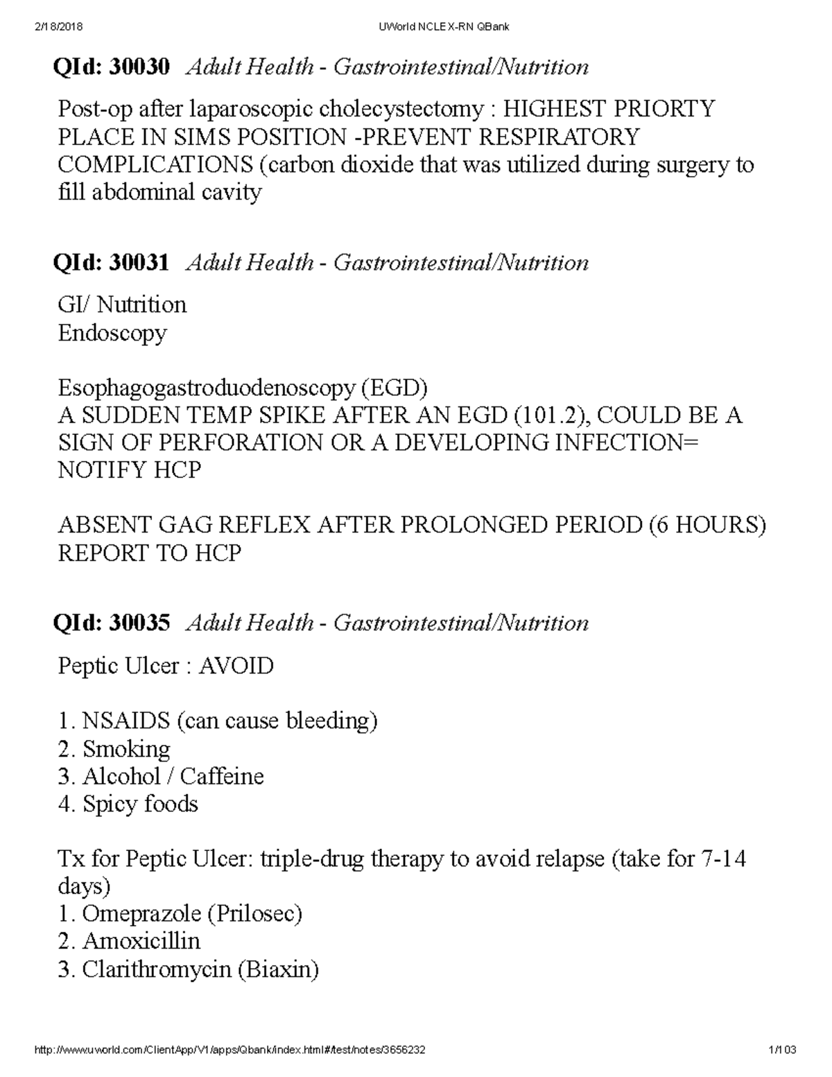 U world notes - review - QId: 30030 Adult Health - Gastrointestinal ...
