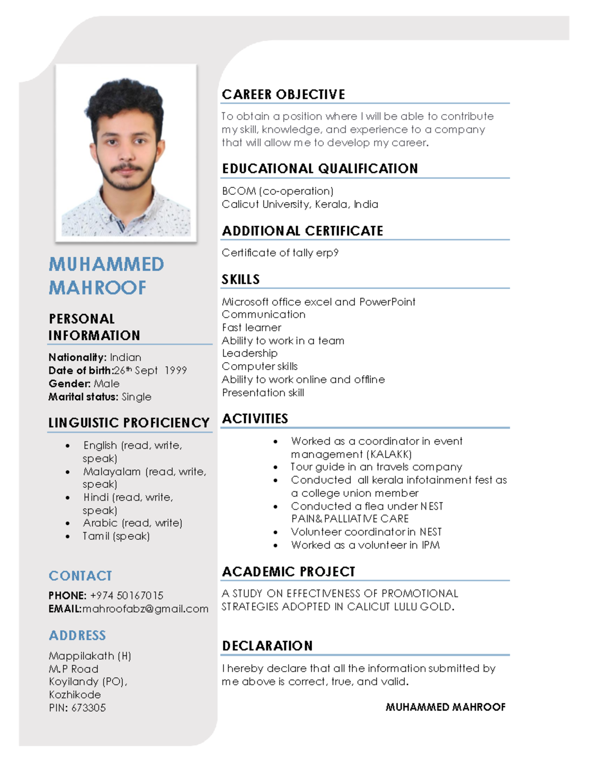 Mahroof resume 1- Copy - Copy - MUHAMMED MAHROOF PERSONAL INFORMATION ...