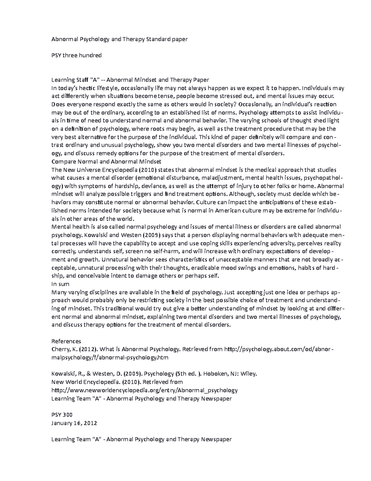PSY 300 Abnormal Psychology and Therapy Paper 1 - Abnormal Psychology ...