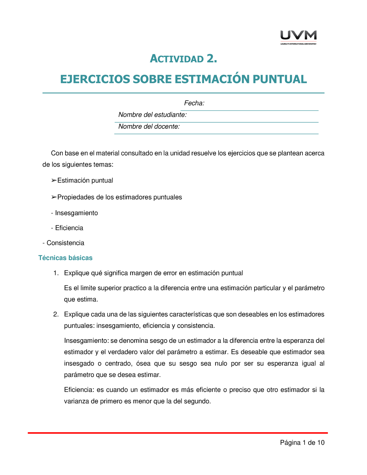 A2 Estadistica Inferencial - ACTIVIDAD 2. EJERCICIOS SOBRE ESTIMACIÓN ...