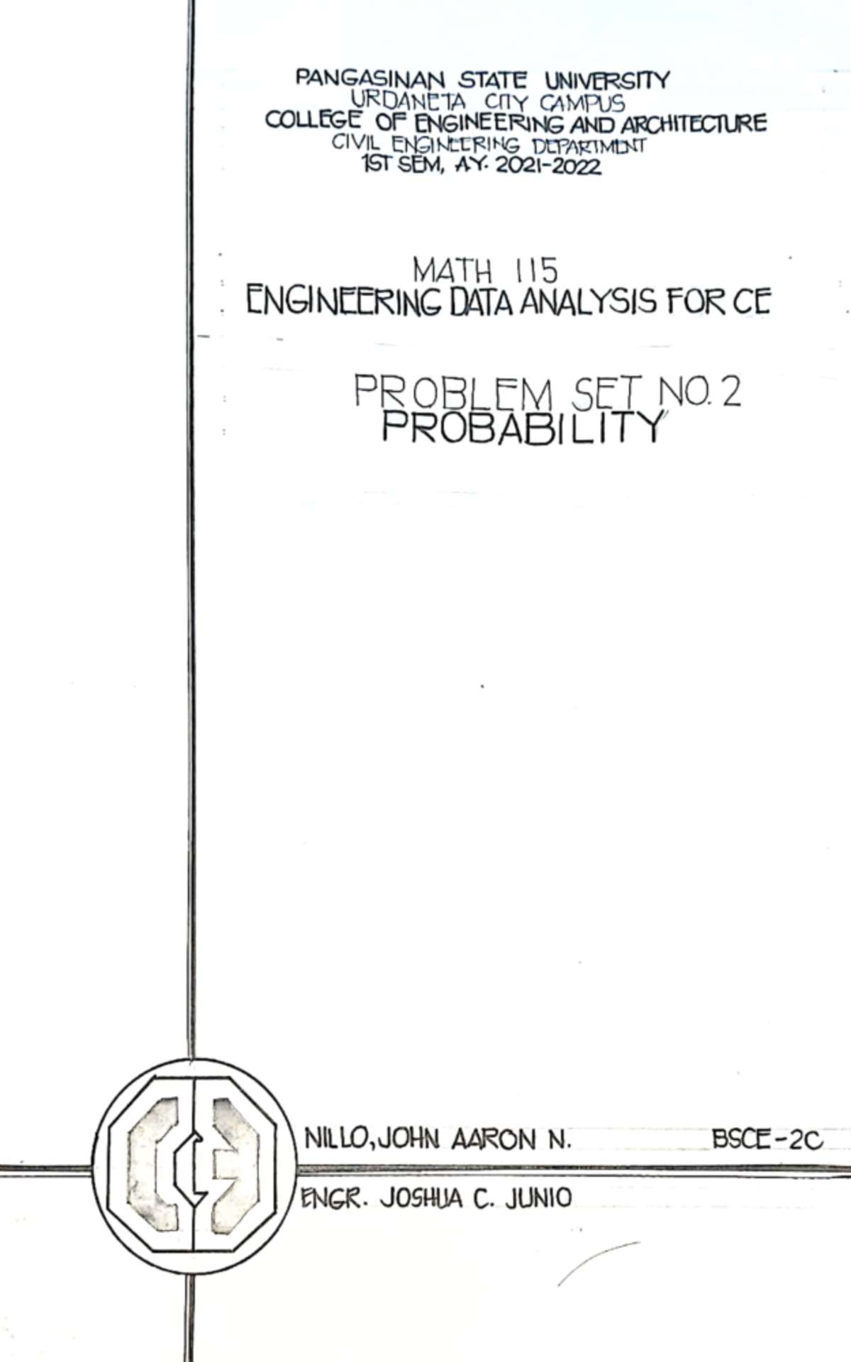 MATH115 Nillo-JOHN Aaron N PS2 - Engineering Data Analysis - PangSU ...