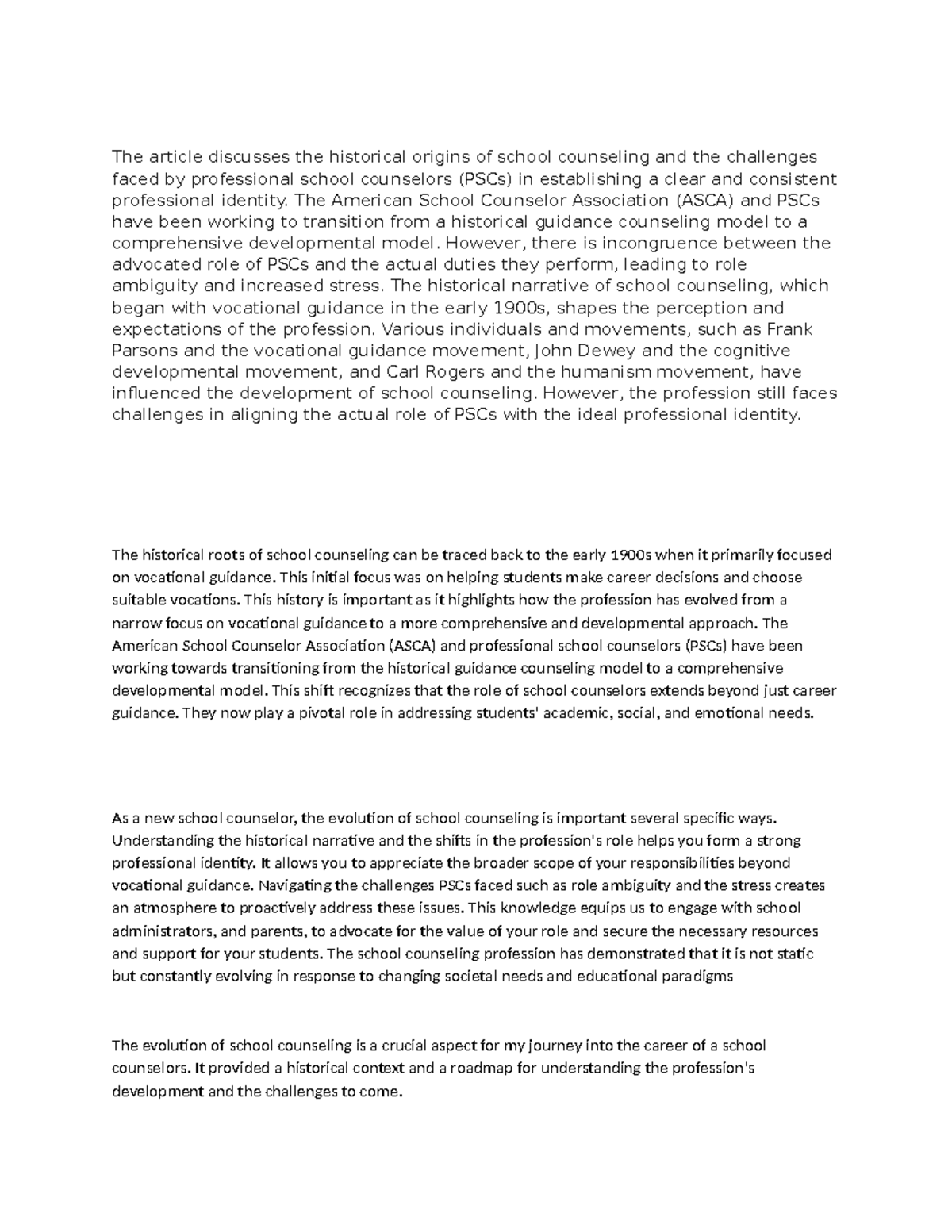 The article discusses the historical origins of school counseling and ...