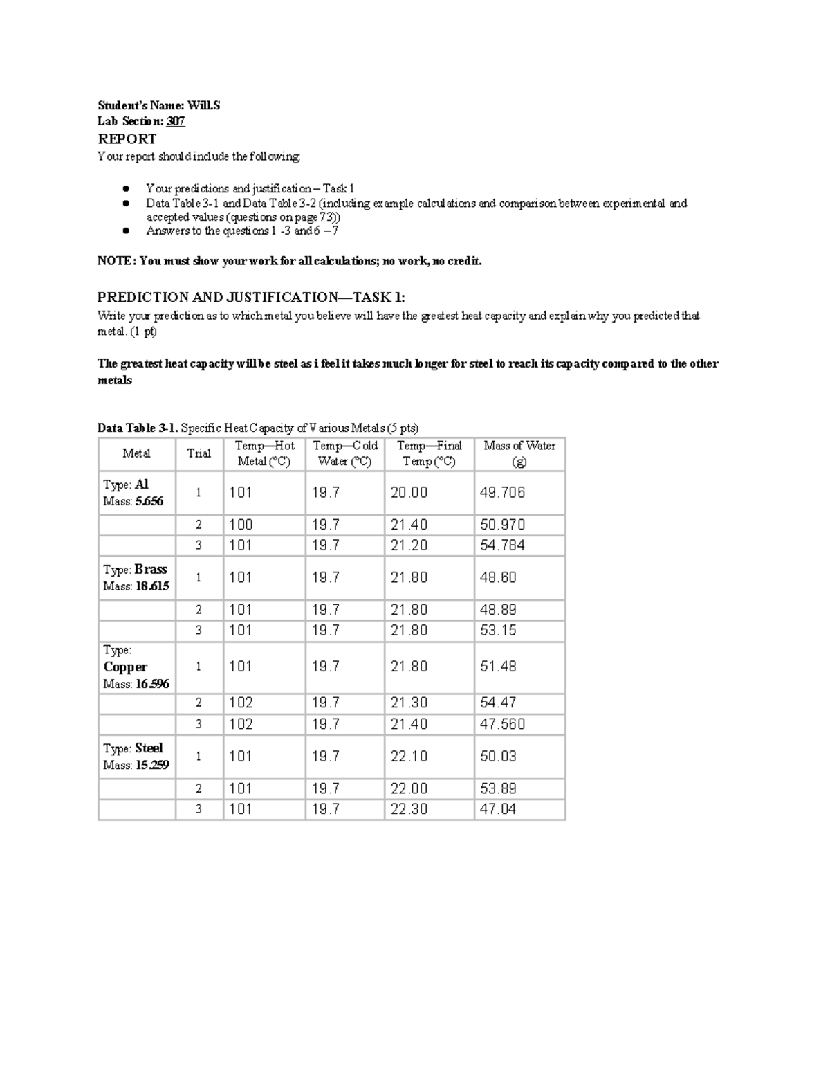 Proof It - Table, Calculations,questions - Student’s Name: Will Lab ...
