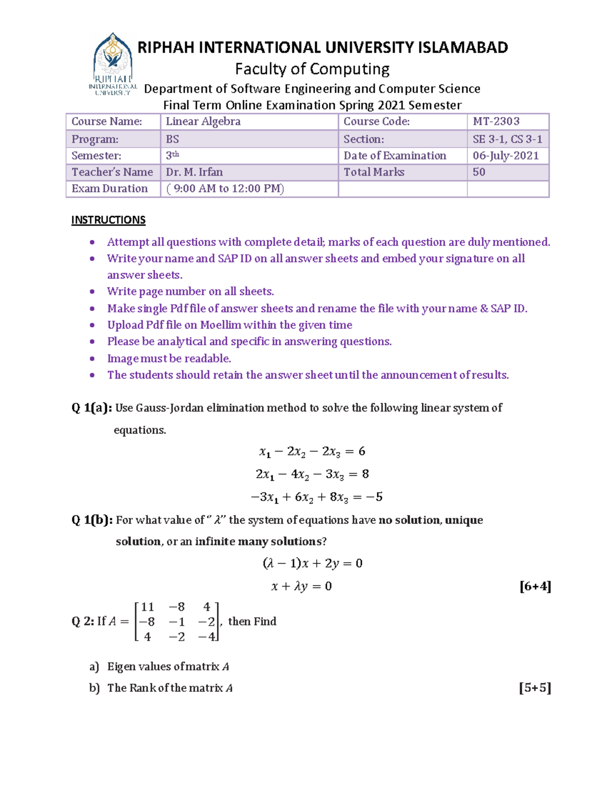 Paper Linear Algebra Final - Data Communication and Computer Networks ...