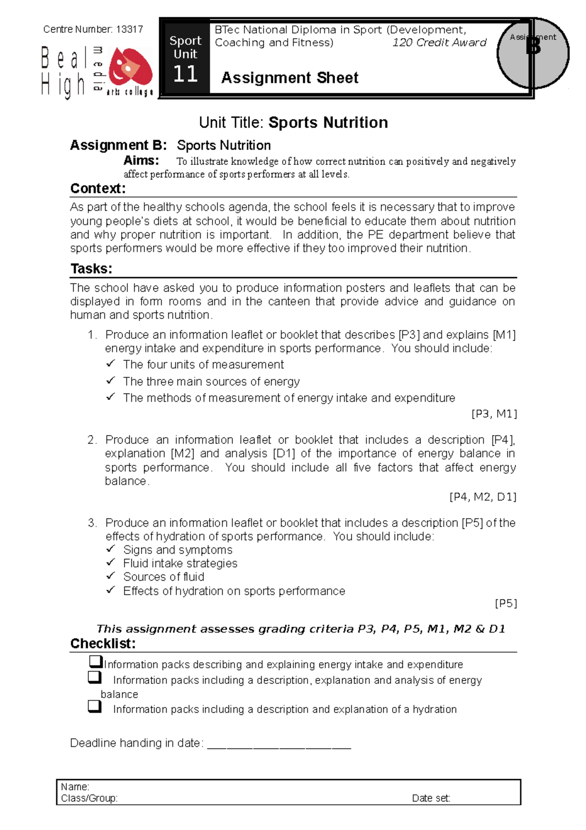 Sports Nutrition B - Practise - B Assignment Centre Number: 13317 Sport ...