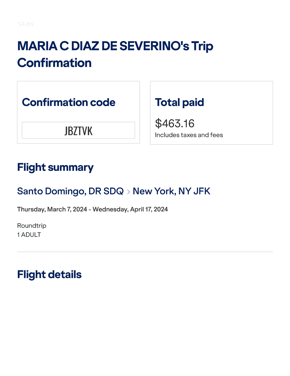 Jet Blue - Print confirmation - MARIA C DIAZ DE SEVERINO's Trip ...