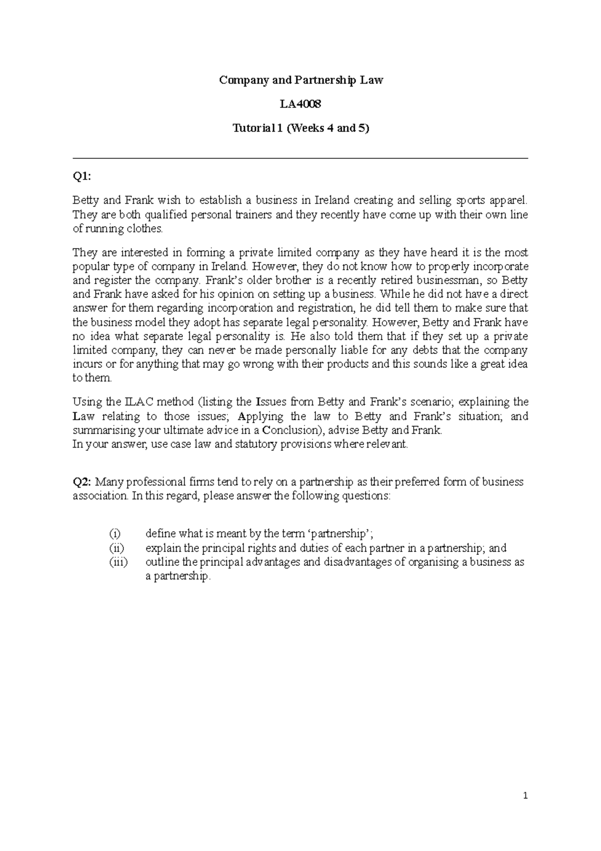 Tutorial 1 Weeks 4 And 5 Company And Partnership Law LA Tutorial 1