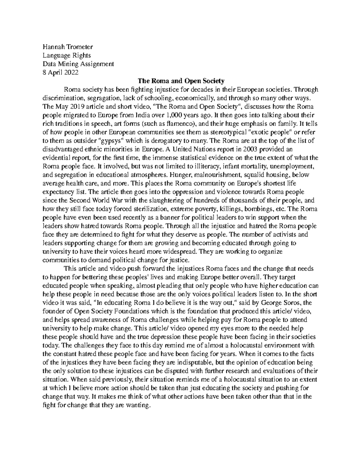 Roma and Open Society - writing assignment example - Hannah Trometer ...