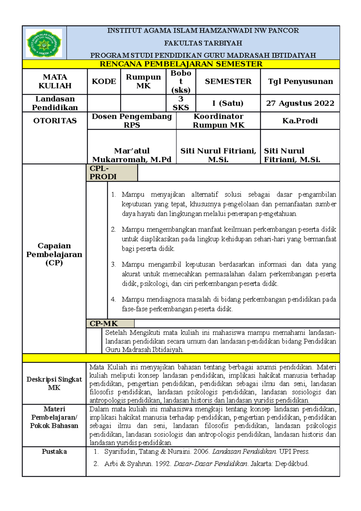 RPS Landasan Pendidikan - INSTITUT AGAMA ISLAM HAMZANWADI NW PANCOR ...