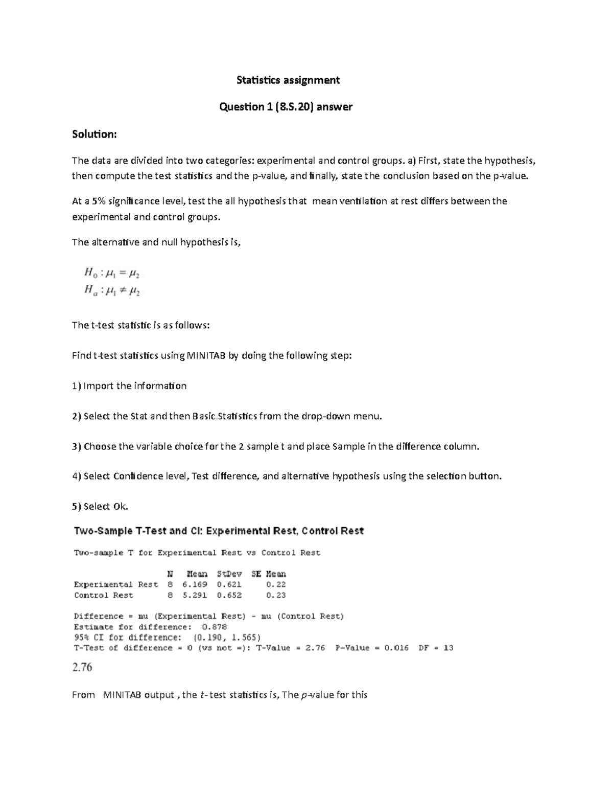 Statistics Assignment - Statistics Assignment Question 1 (8.S) Answer ...