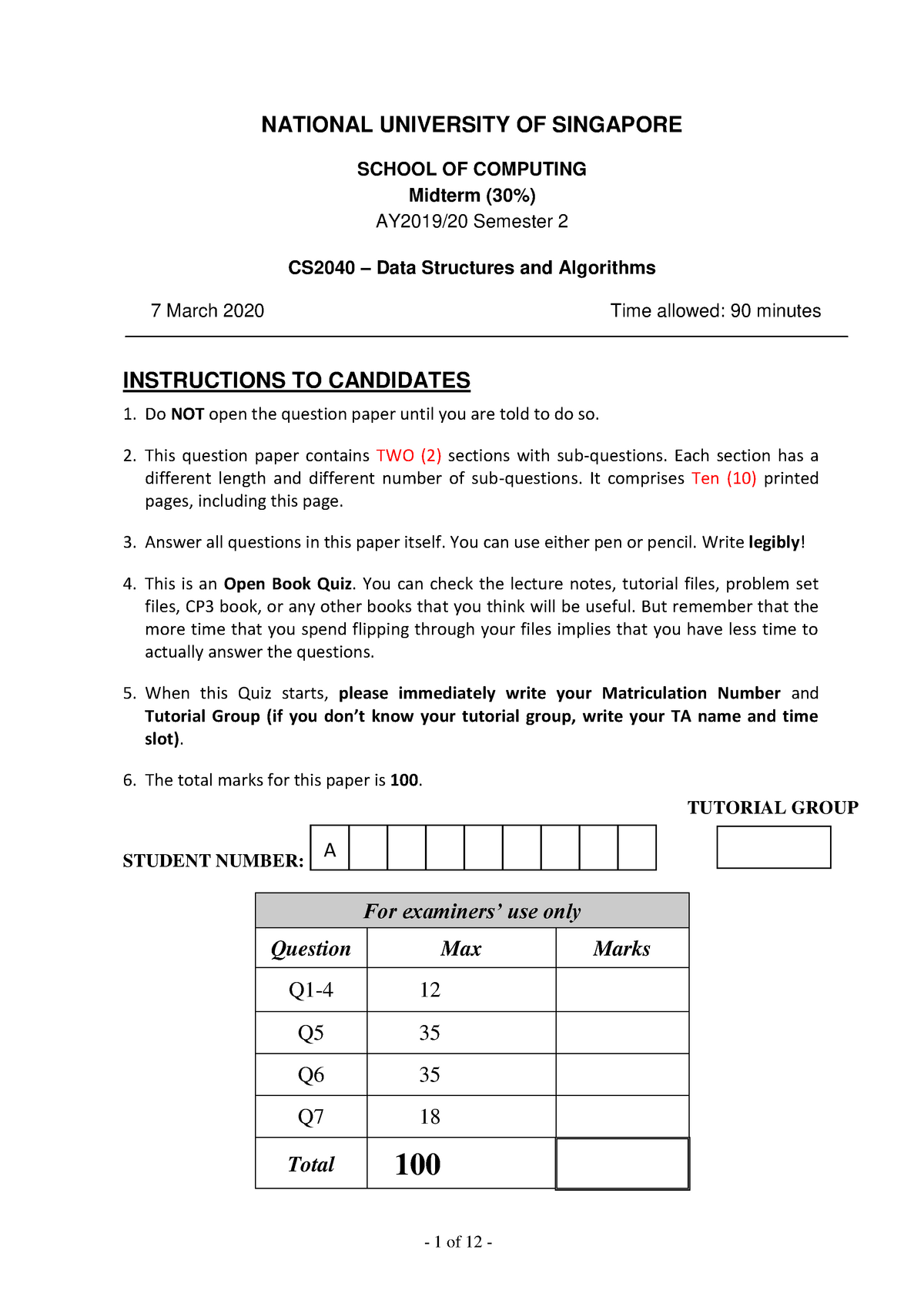 Midterm 2019, answers - NATIONAL UNIVERSITY OF SINGAPORE SCHOOL OF ...