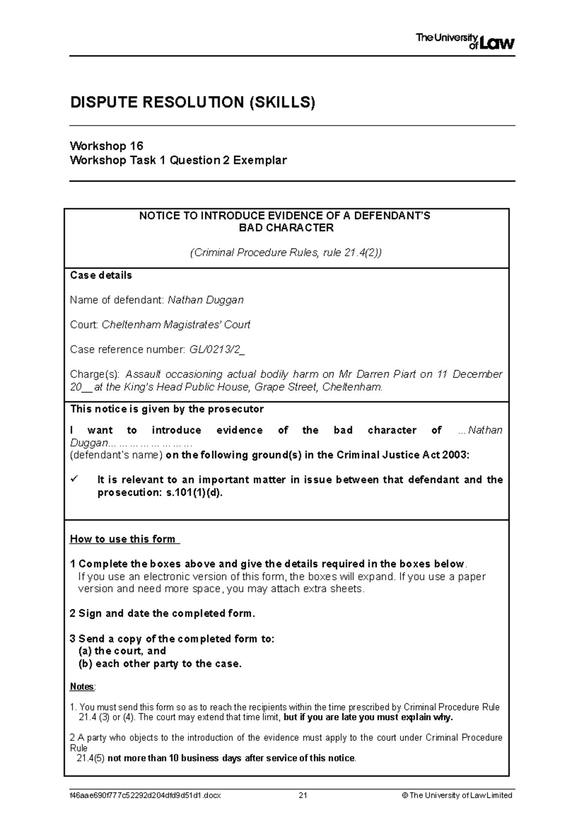 Notice - bad character evidence exemplar - DISPUTE RESOLUTION (SKILLS ...
