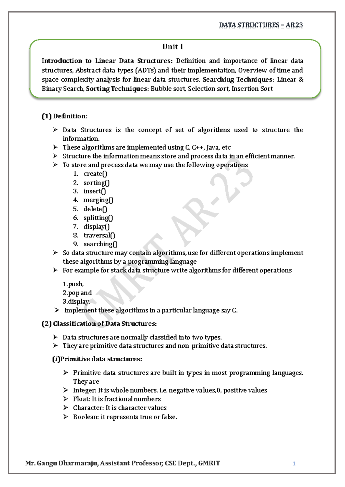 UNIT-I - check - Unit I Introduction to Linear Data Structures ...