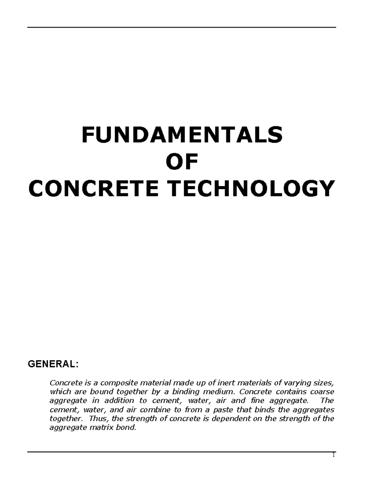 Concrete handout FUNDAMENTALS OF CONCRETE TECHNOLOGY GENERAL