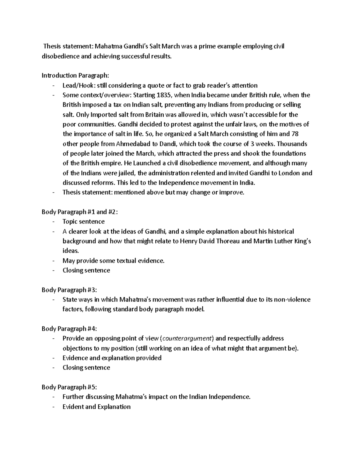 Thesis and Outline essay 2 - Thesis statement: Mahatma Gandhi’s Salt ...