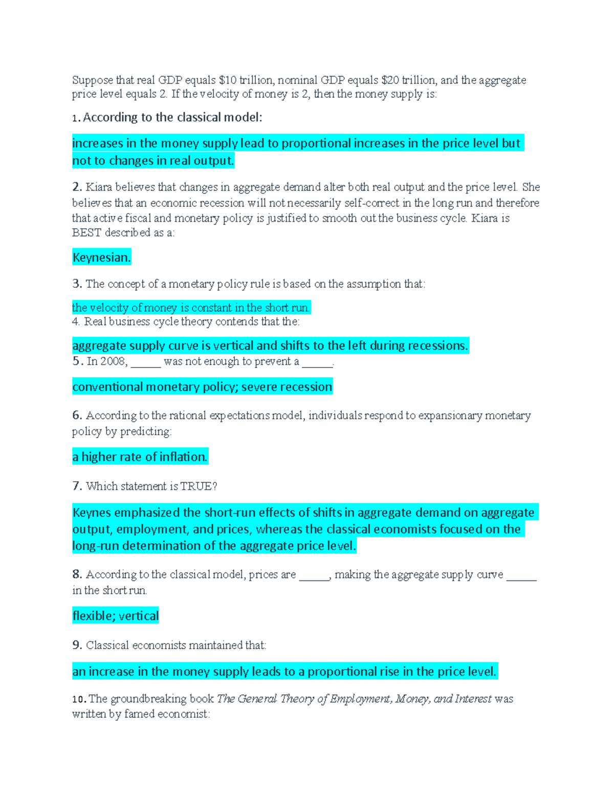 Econ202 Chapter 32 - Econ Exam Prep - Suppose that real GDP equals $10 ...