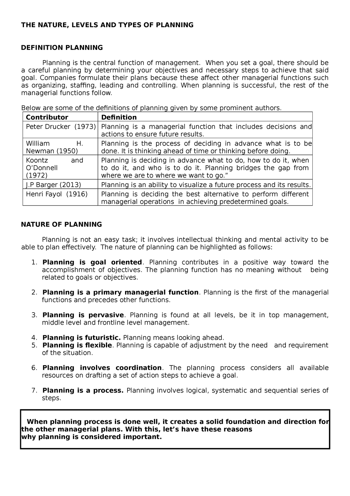 The Nature, Levels And Types Of Planning - THE NATURE, LEVELS AND TYPES ...