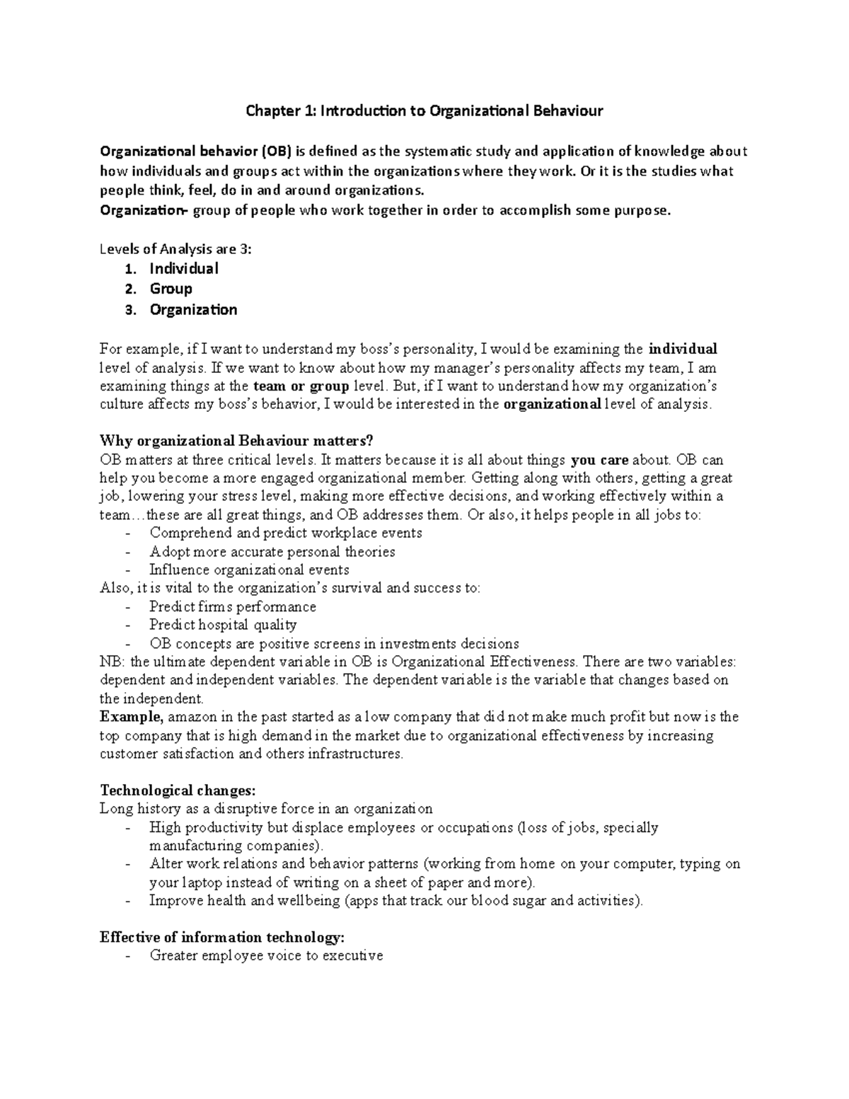 Chapter 1 - Lecture notes 1 - Chapter 1: Introducion to Organizaional ...