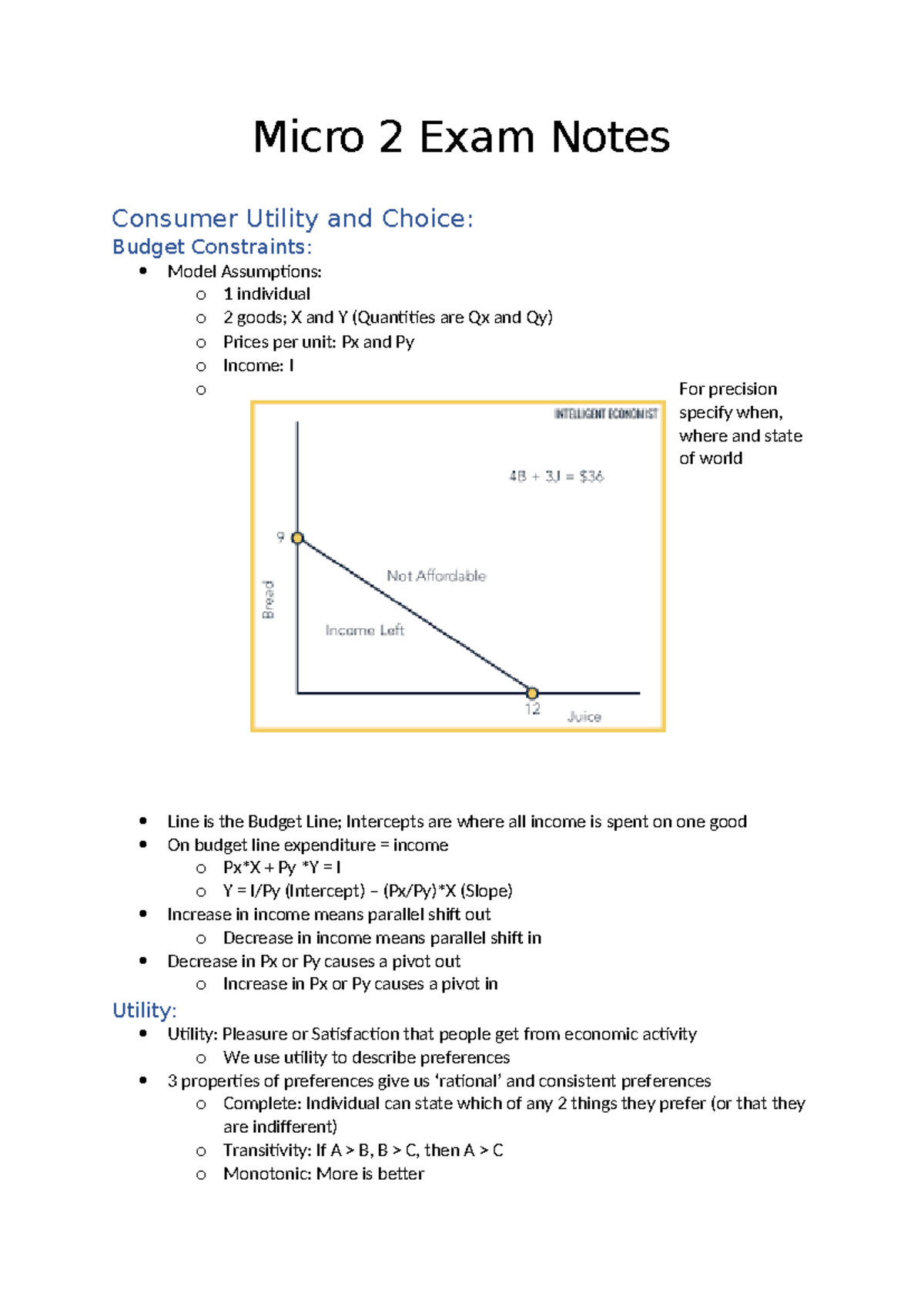 Micro 2 Exam Notes - Micro 2 Exam Notes Consumer Utility and Choice ...