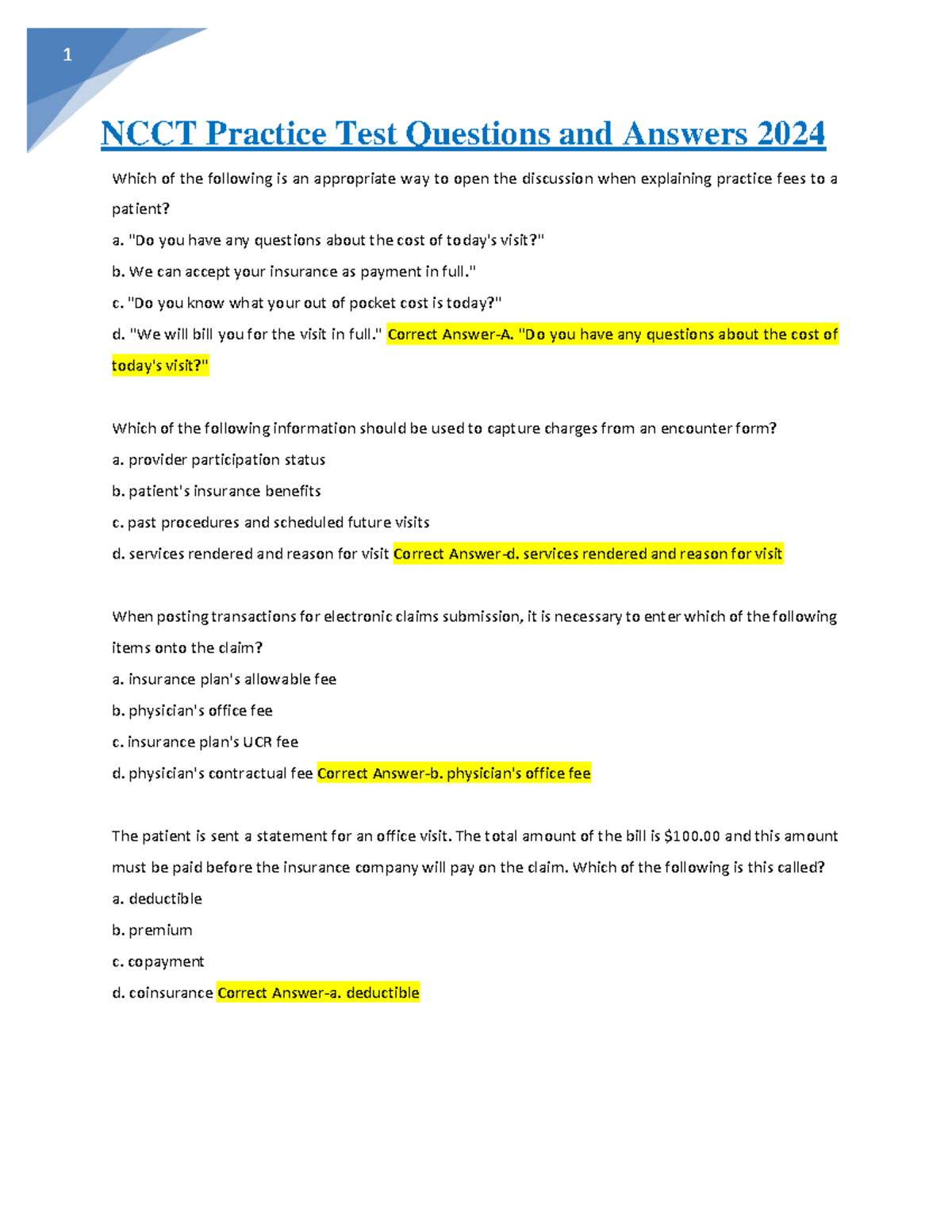 NCCT Practice Test Questions and Answers 2024 - "Do you have any questions about the cost of ...
