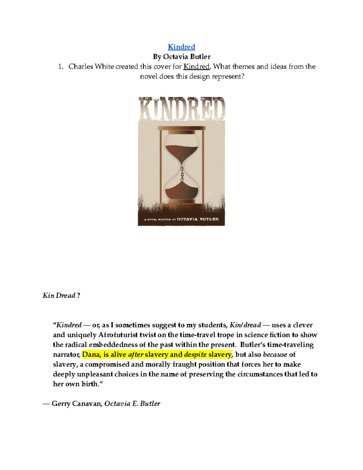 Copy+of+Kindred+Questions Kindred By Octavia Butler Charles White