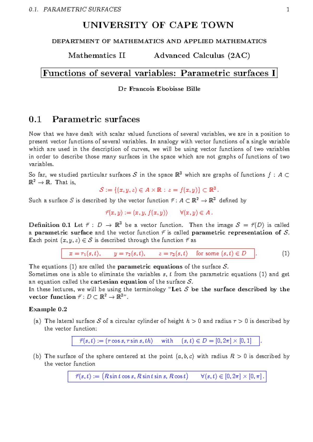 Differentiability III - 0. PARAMETRIC SURFACES 1 UNIVERSITY OF CAPE ...
