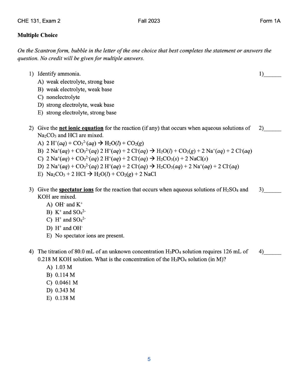 CHE 131 Exam 2 Fall 2023 Form 1A -CHE 131.01-04 General Chemistry IB ...