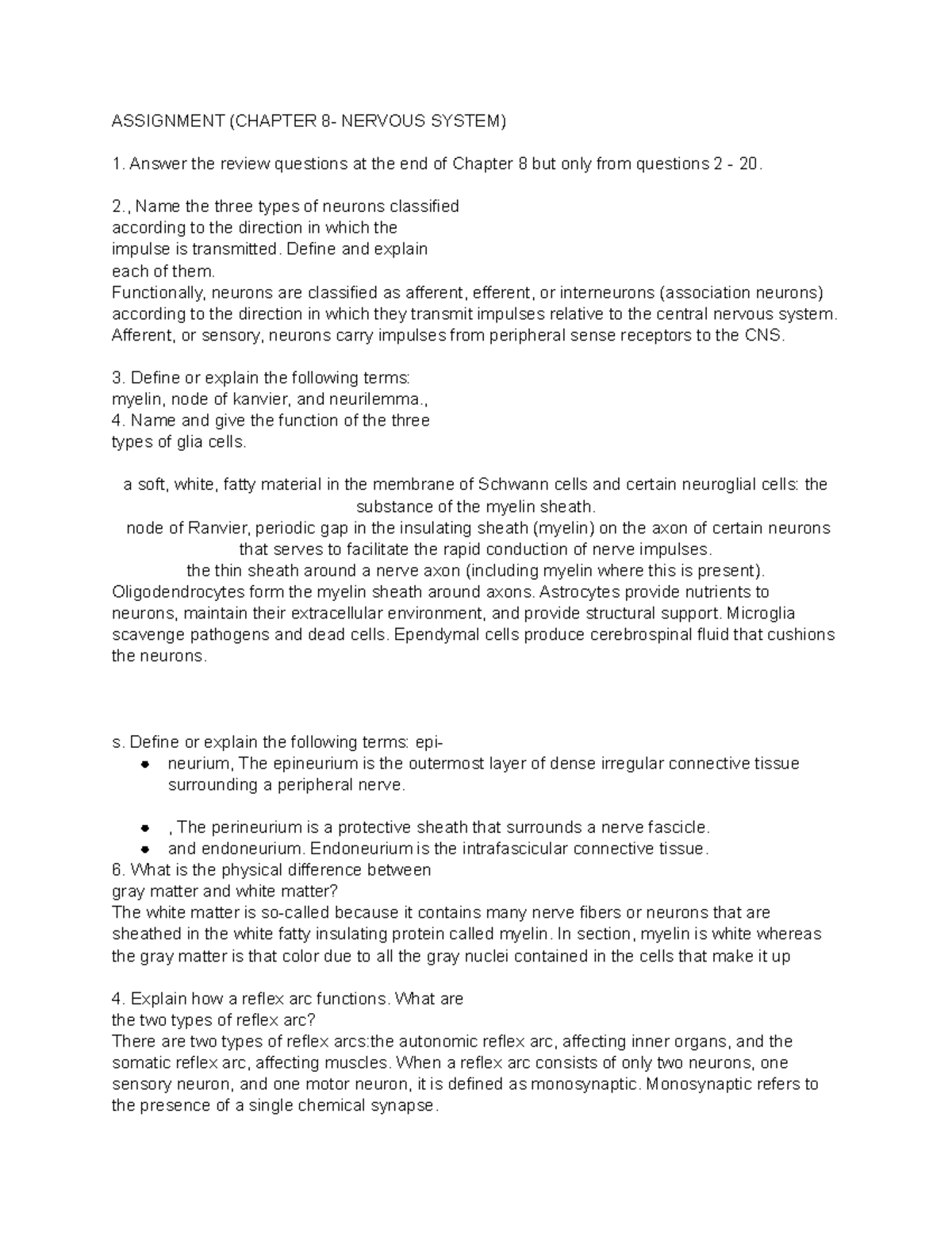 Chapter 8 Homework - Notes - ASSIGNMENT (CHAPTER 8- NERVOUS SYSTEM ...