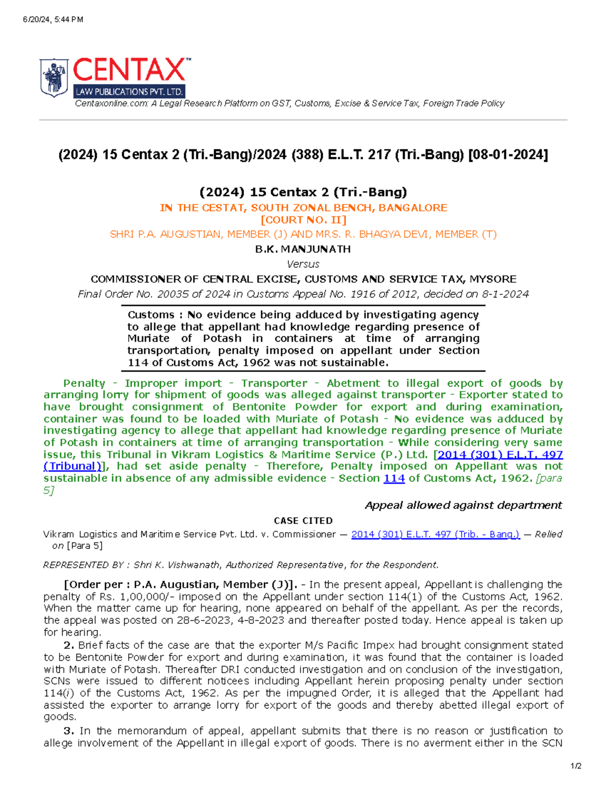 BK Manjunath - Case law for better understanding - Centaxonline: A ...