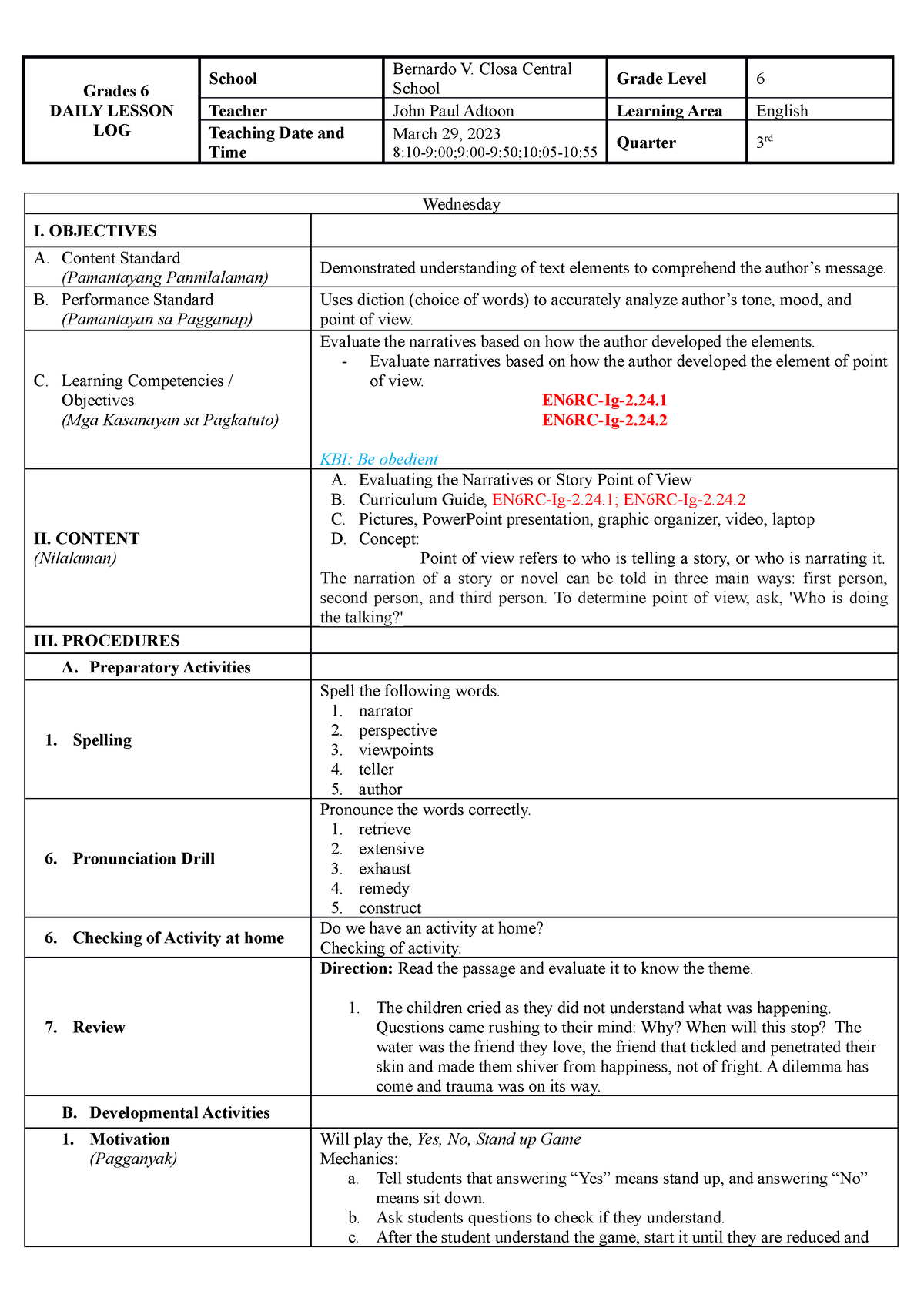 ENG6 EVAL POV - lesson plan - Grades 6 DAILY LESSON LOG School Bernardo ...