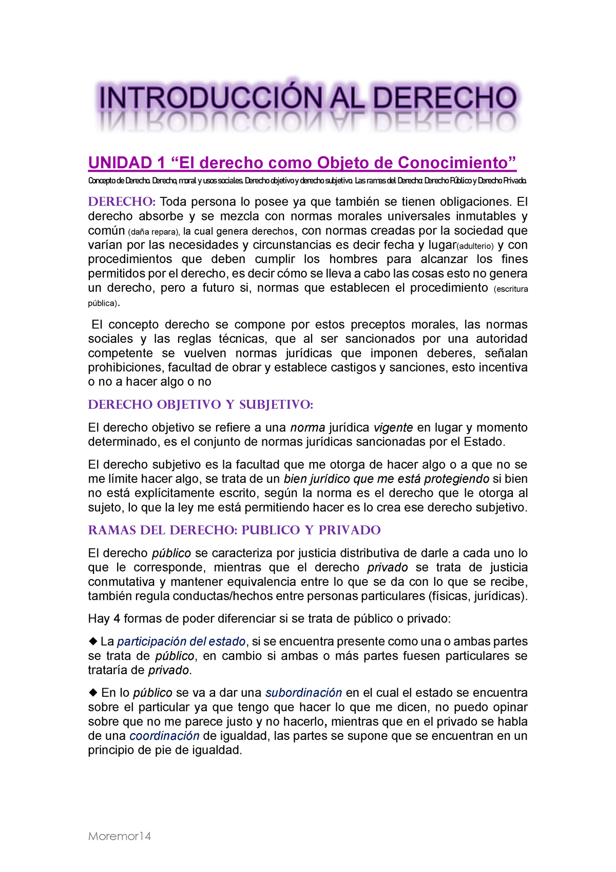 Resumen Derecho - UNIDAD 1 “El Derecho Como Objeto De Conocimiento ...