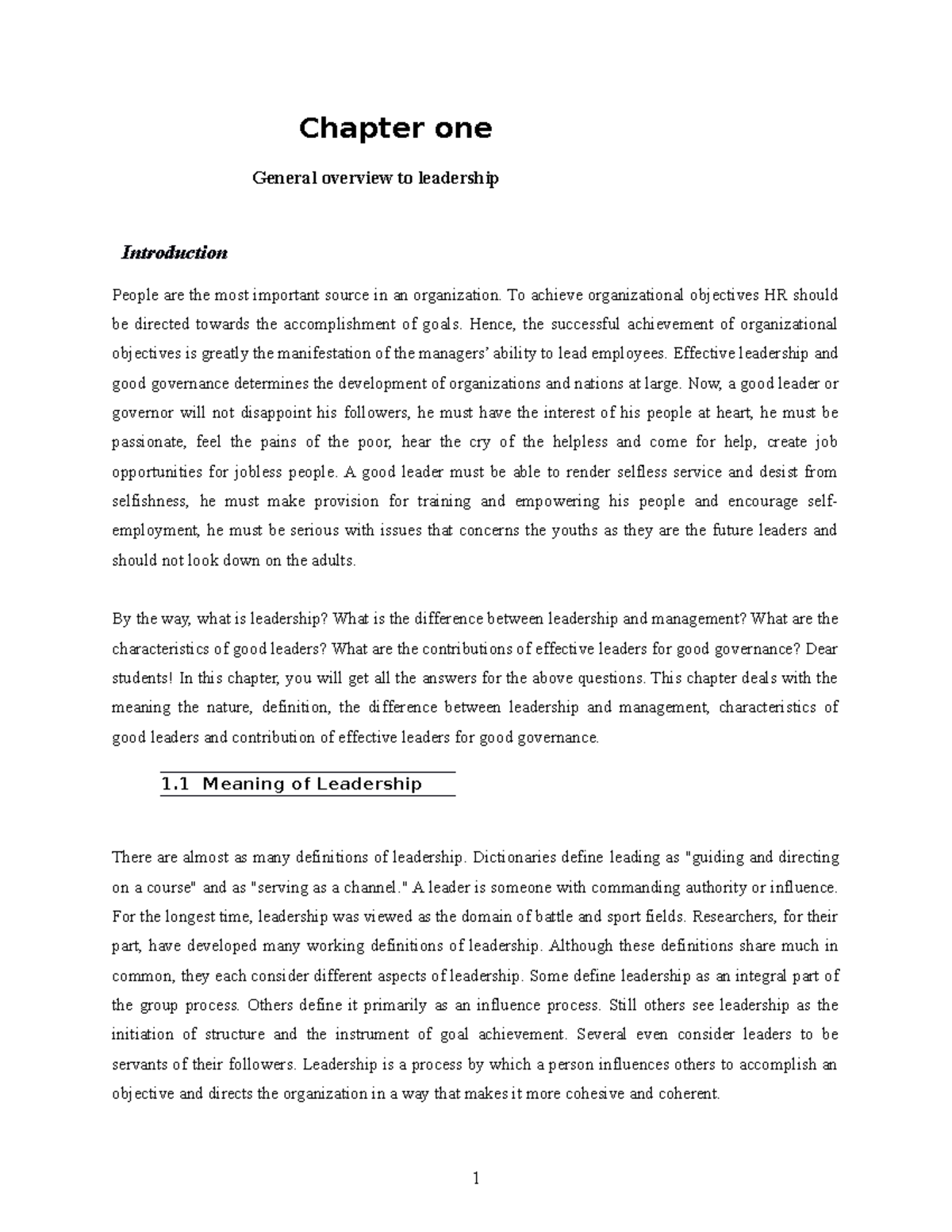 Introduction to management - Chapter one General overview to leadership ...