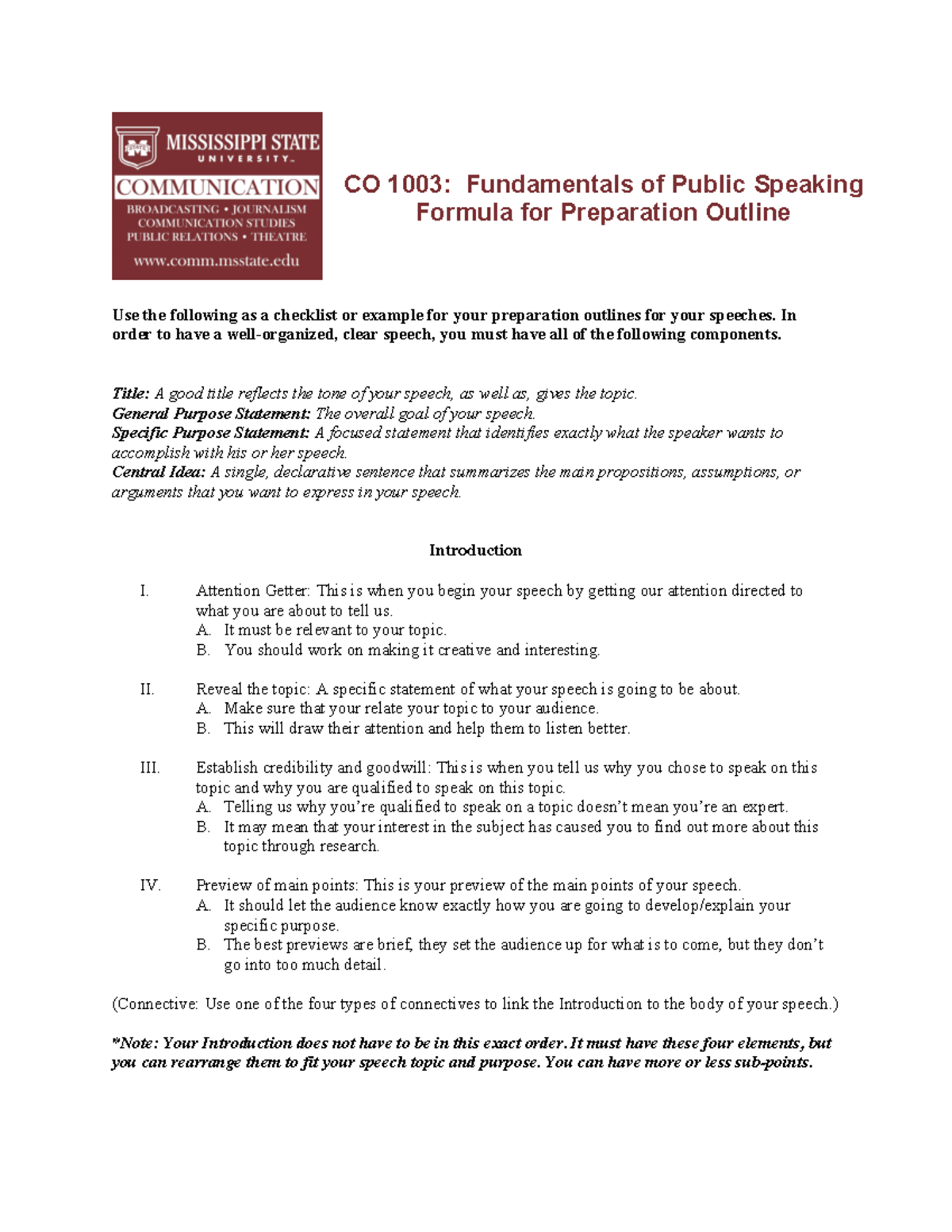 Formula for a Preparation Outline detailed - CO 1003: Fundamentals of ...