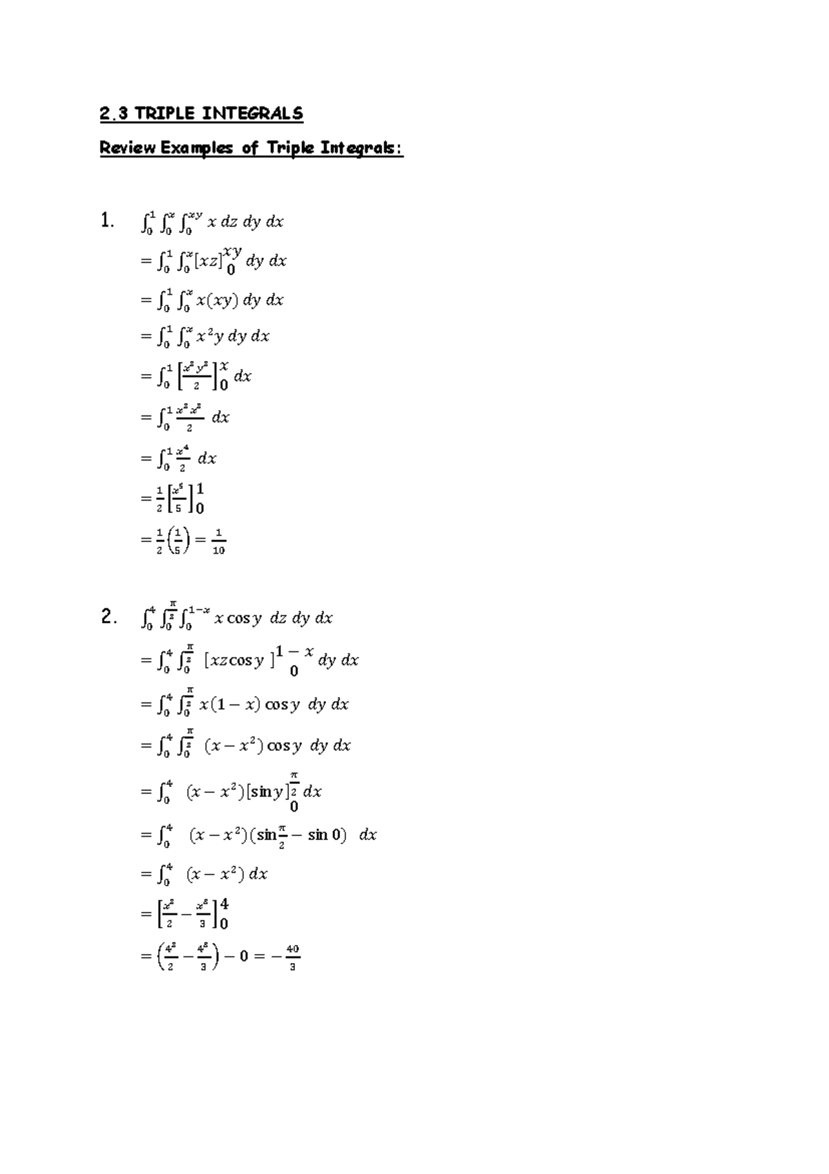2.3.1 Cartesian Coordinates - 2 TRIPLE INTEGRALS Review Examples of ...