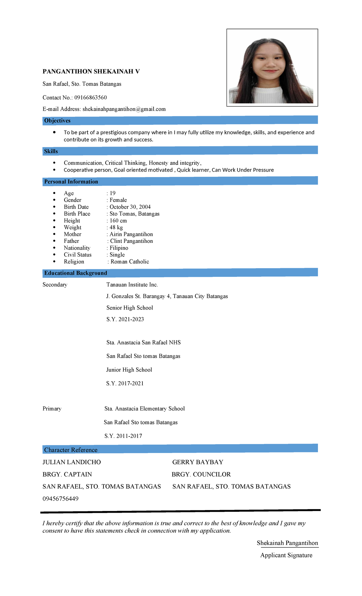 Resume- Shekainah.- Final. - PANGANTIHON SHEKAINAH V San Rafael, Sto ...