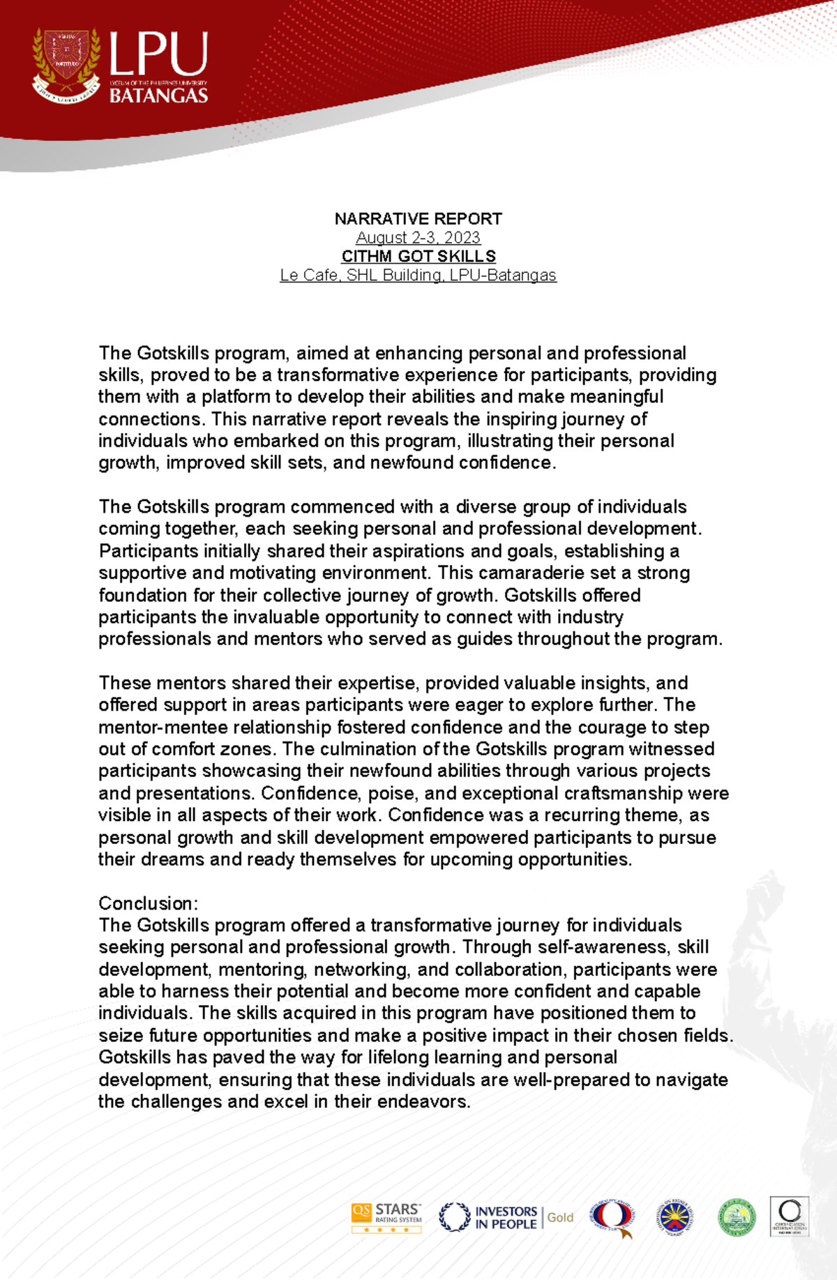 Narrative- Report-GOT Skills - NARRATIVE REPORT August 2-3, 2023 CITHM ...