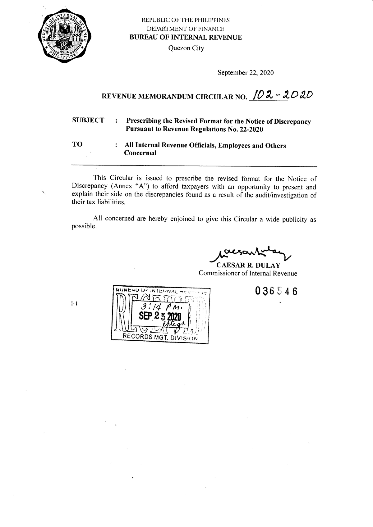 RMC No. 102-2020 - Taxation - SUBJECT TO REPUBLIC OF THE PHILIPPINES ...