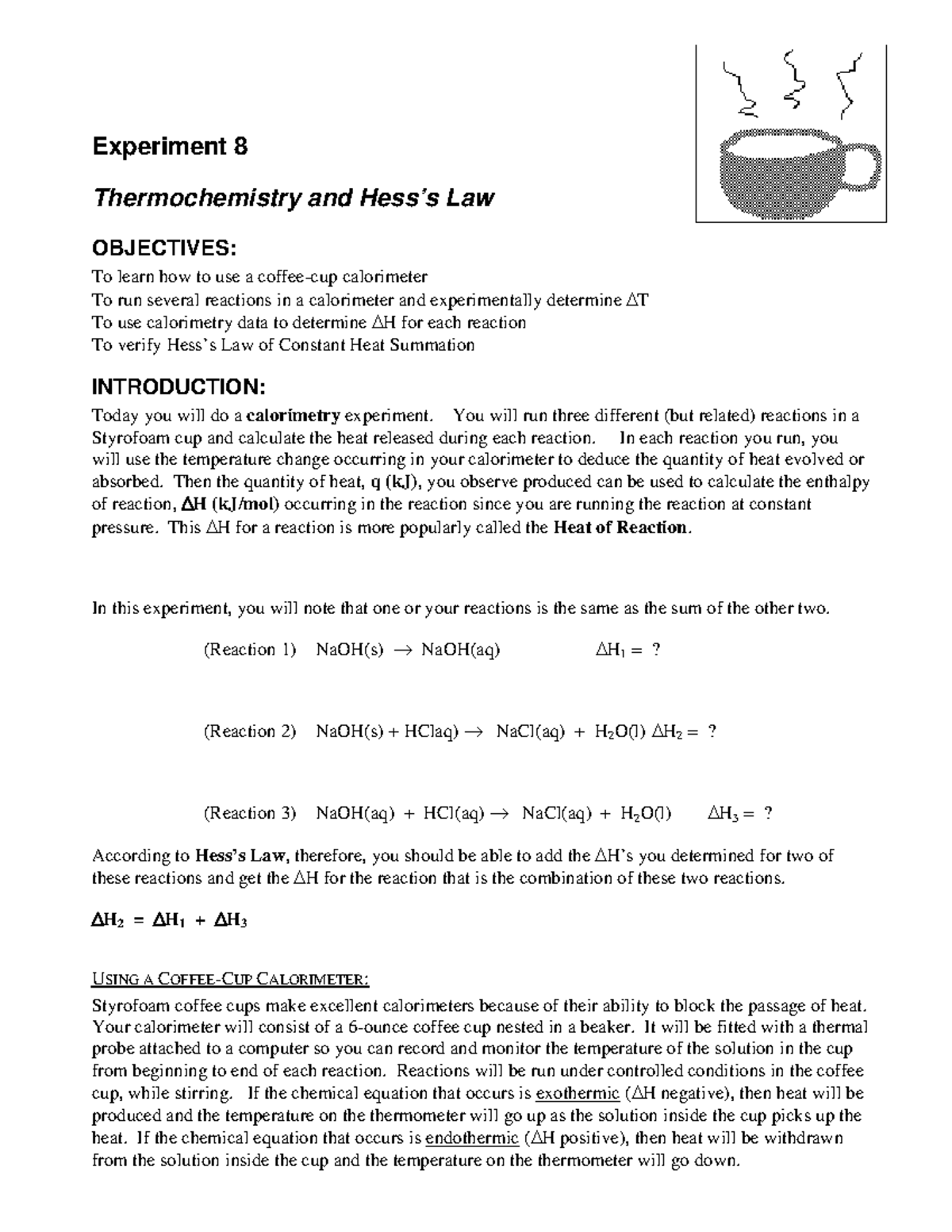 Lecture Notes 8 + Experiment 8 : THERMOCHEMISTRY AND HESS LAW ...