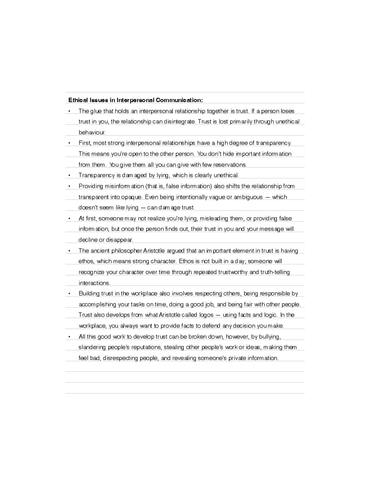 COMM 243 Ethics - Notes from reading - Ethical Issues in Interpersonal ...
