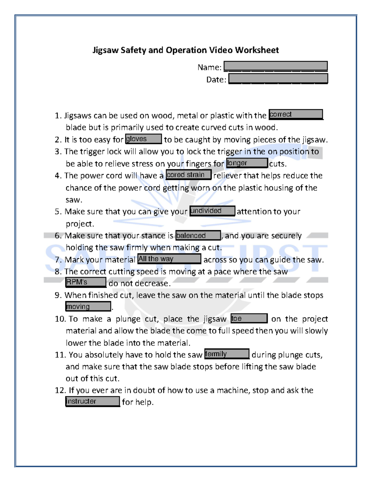 Portable Jig Saw Video Worksheet Sheet Fillable PDF Jigsaw Safety and