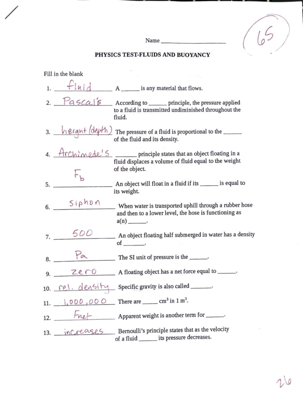 Buoyancy practice test key - ####### / Name ________ _ PHYSICS TEST ...