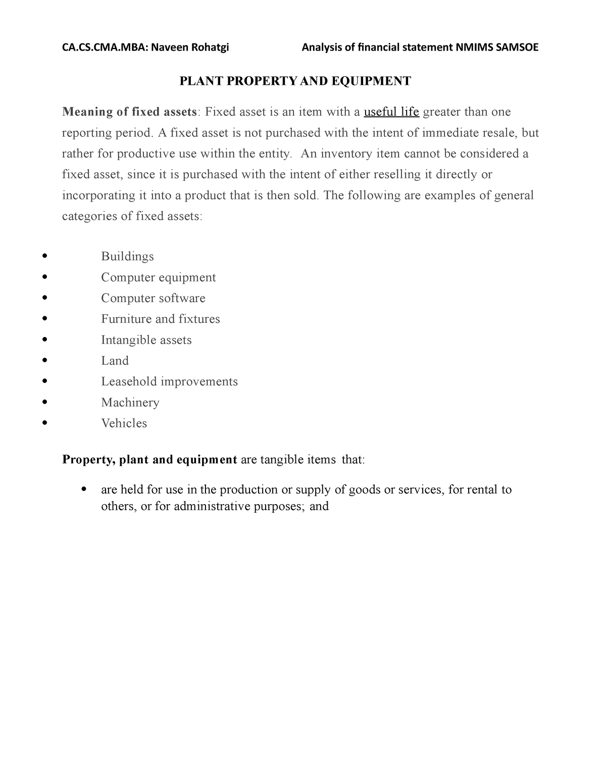 Plant property and Equipment - CA.CS.CMA: Naveen Rohatgi Analysis of ...