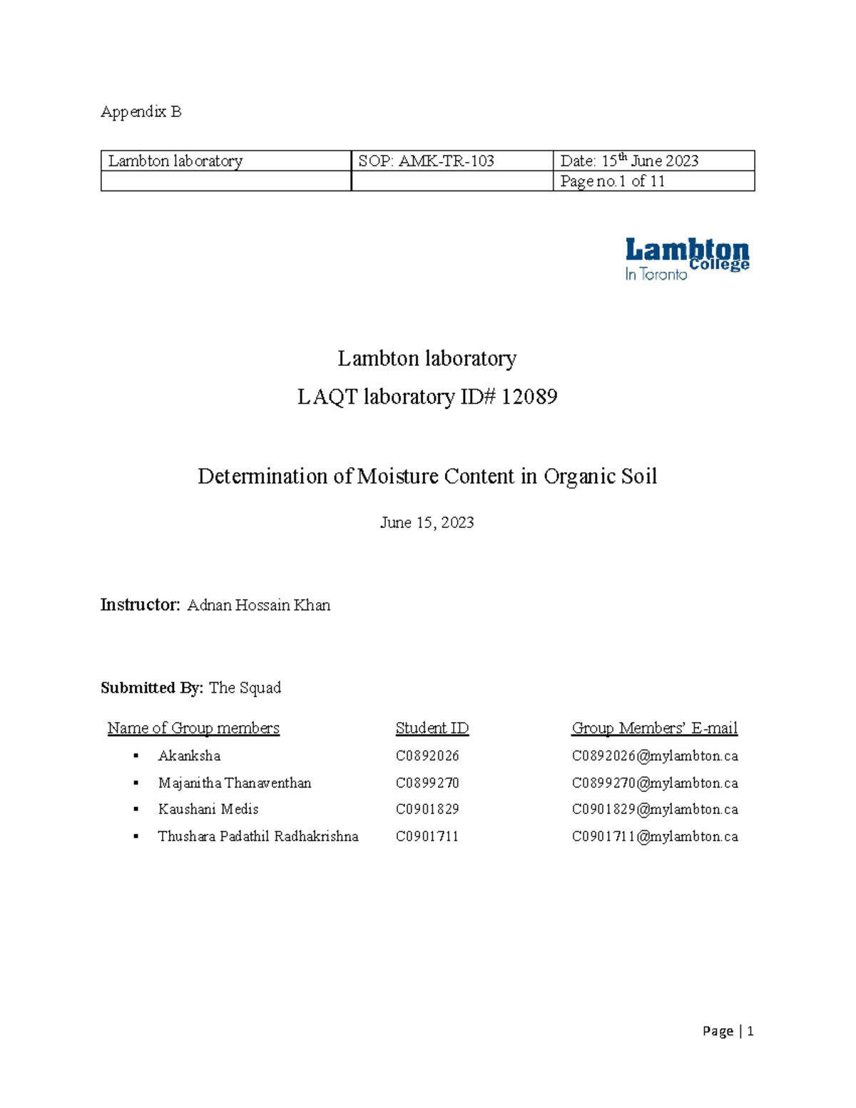 SOP (Group Assignment Final) soil moisture content Lambton laboratory