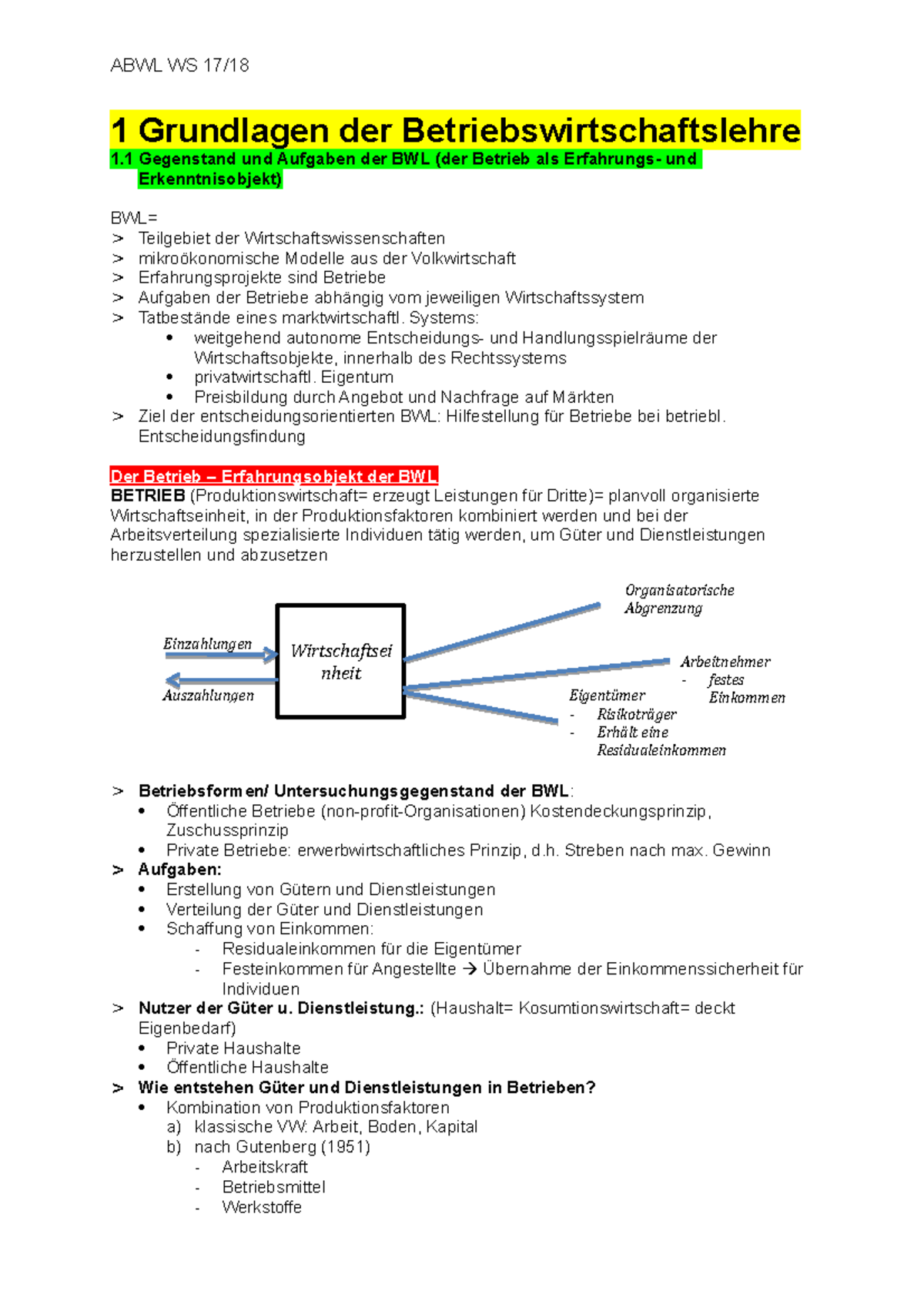 ABWL 1 Zusammenfassung - 1 Grundlagen Der Betriebswirtschaftslehre 1 ...